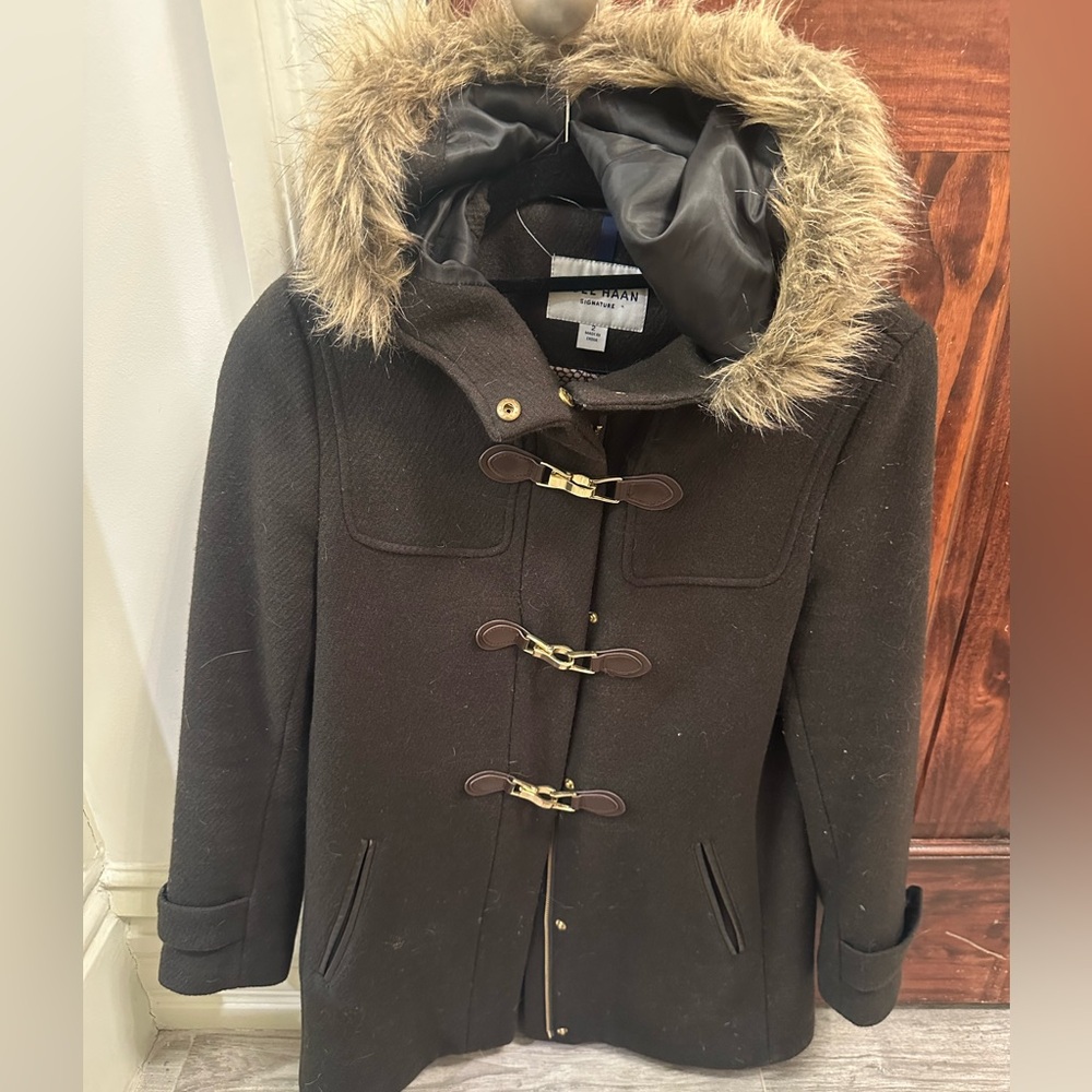 Cole Haan forest green wool coat with fur hood